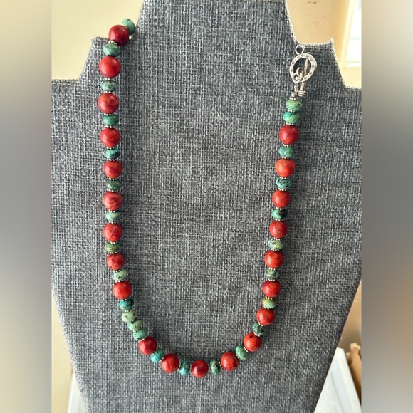 Turquoise and Coral Bead Necklace 925 19” - Picture 5 of 6